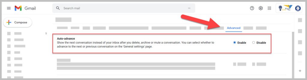 Advanced options in Gmail. Auto advance