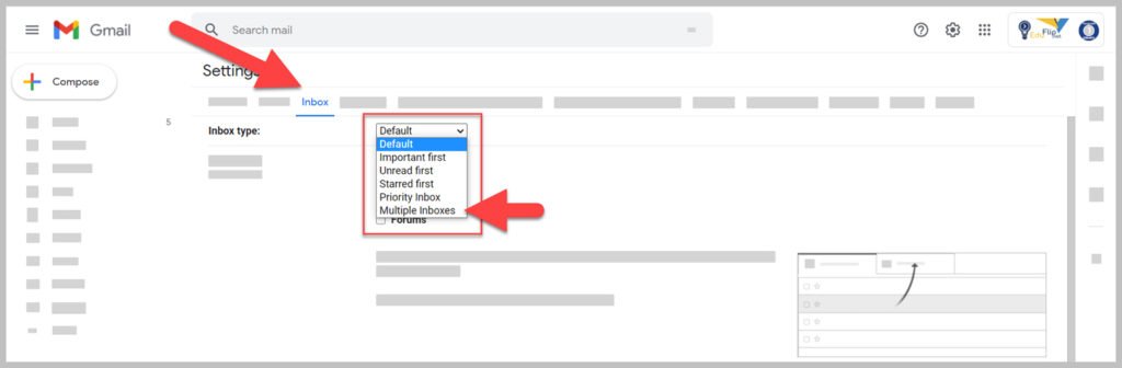 Inbox options in Gmail. Multiple inboxes.