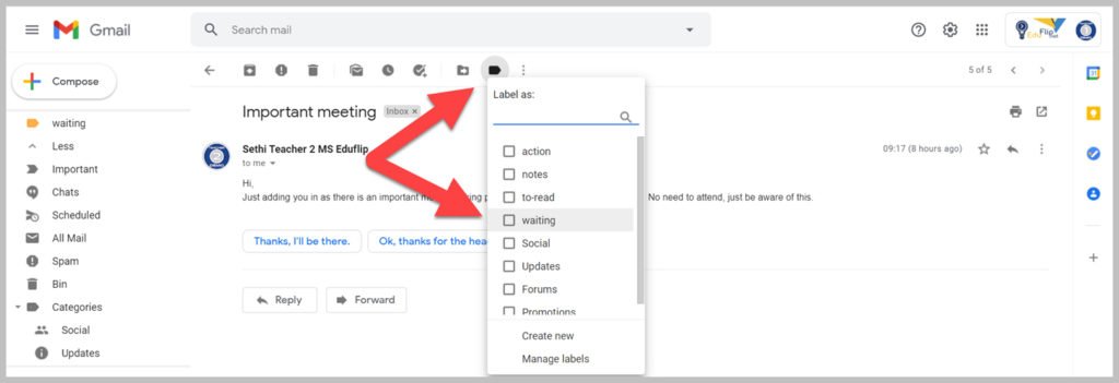 Attach a label to the message in Gmail