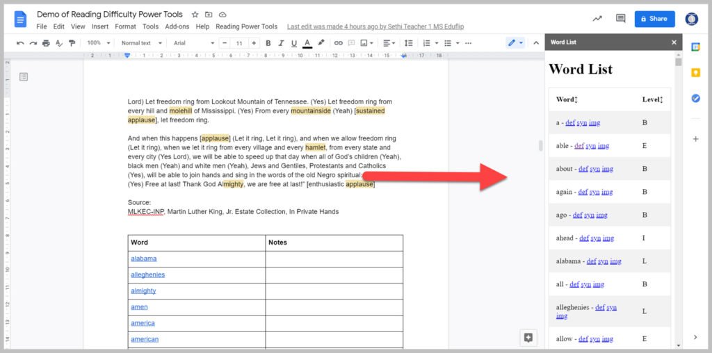 The Document word list