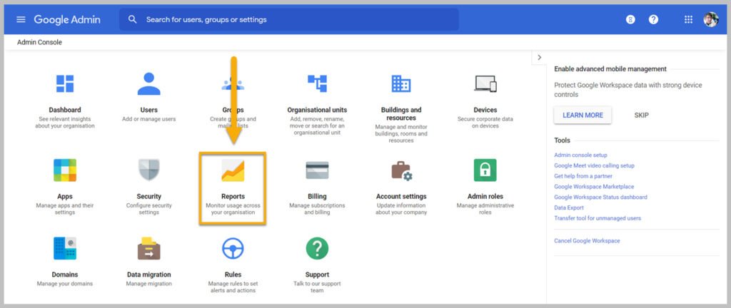 Main view in the Admin console
