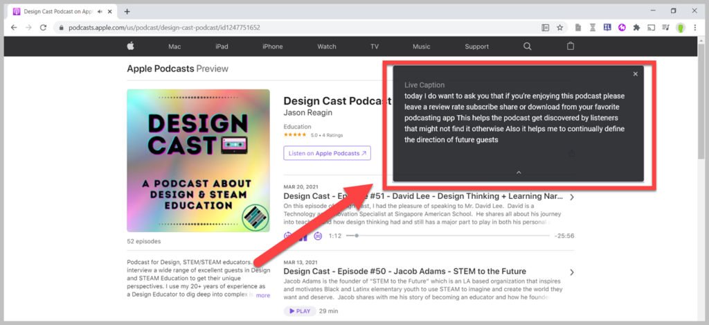 Larger view of live captions