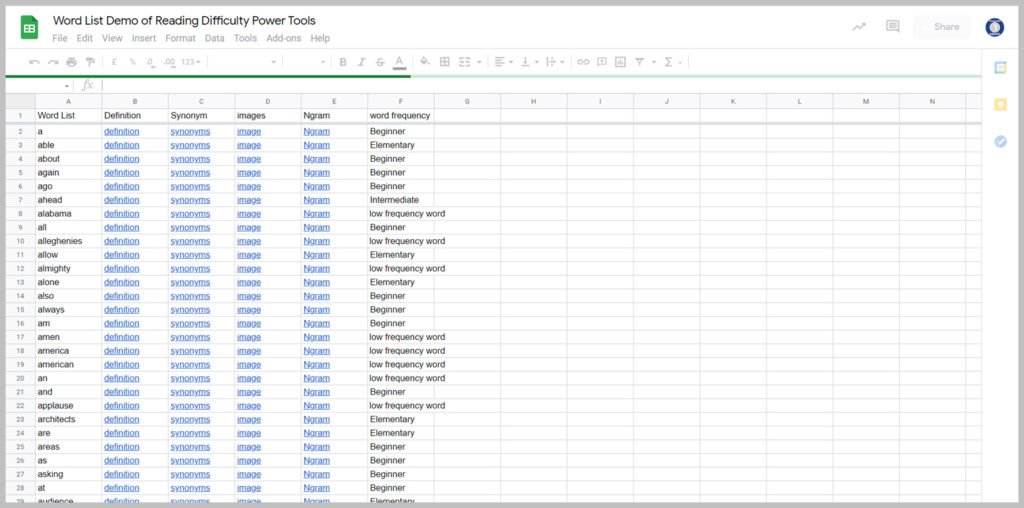 Exported Google Sheet file with word lists.