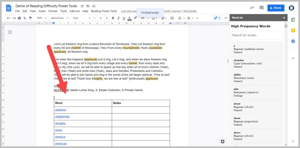 Add a table to let students take their own notes in class.