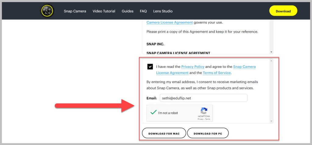 License agreement Snap Camera