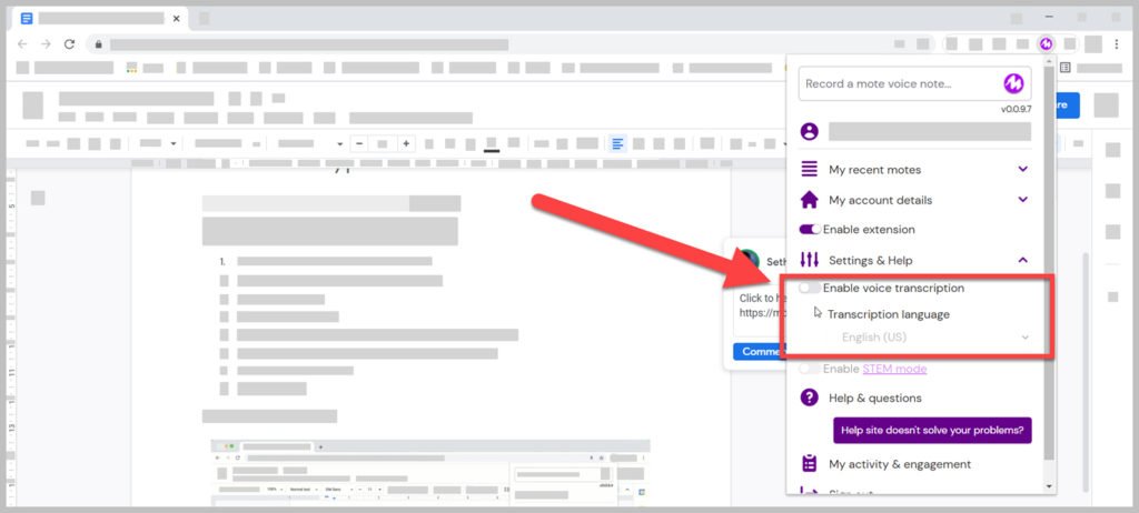 Enable transcriptions and STEM mode in Mote