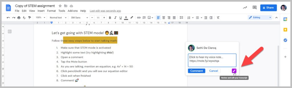 Edit your transcript and listen to your note.