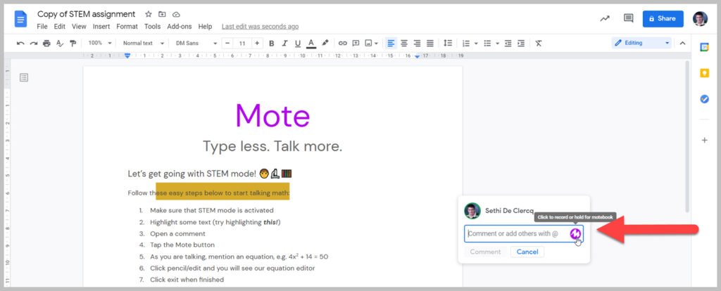 Find the Mote icon to record your voice in Comments