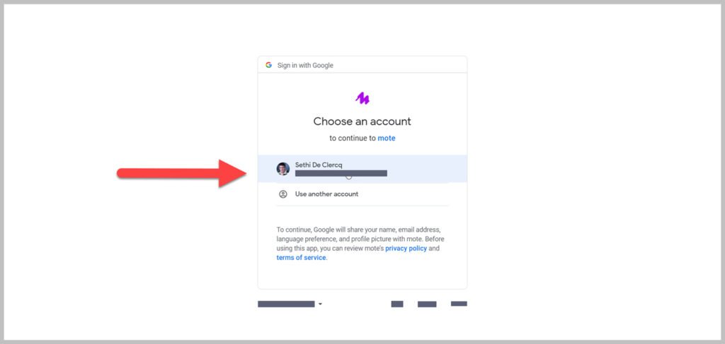 Select the School Google account for Mote