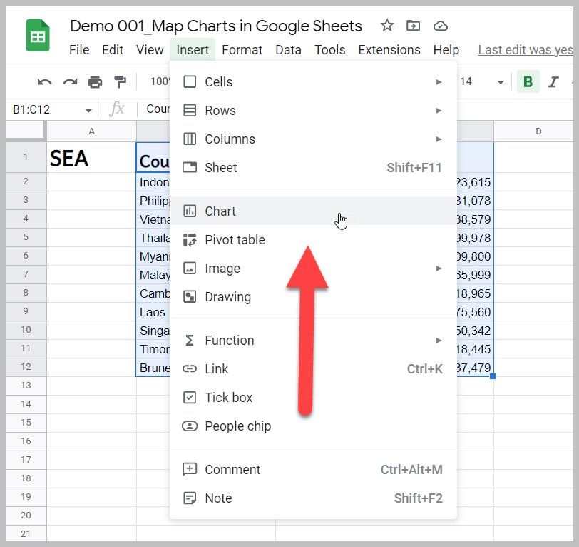 Select chart from the insert menu