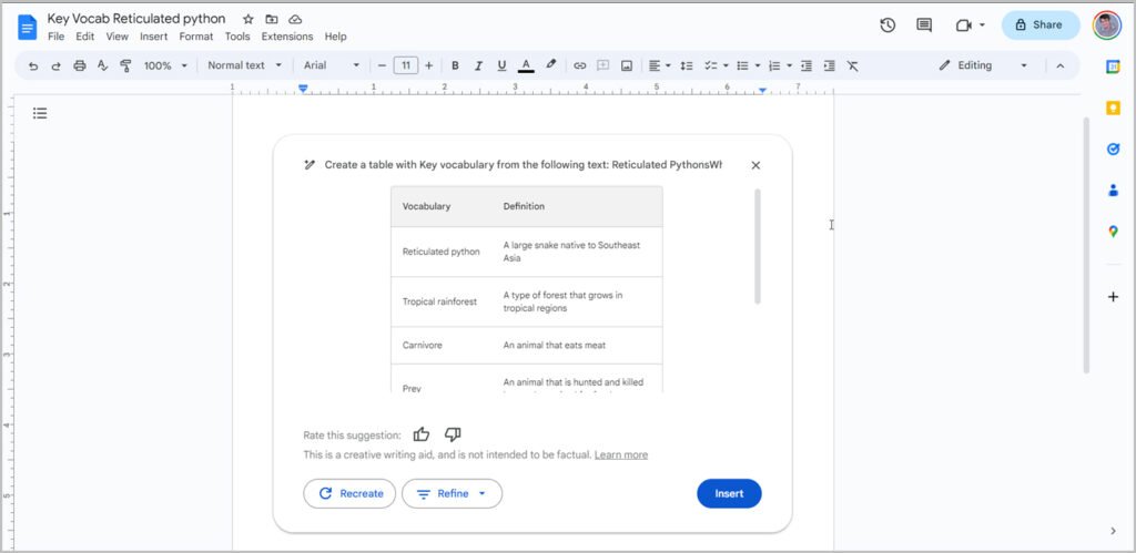 Screenshot of the Vocabulary List being generated 