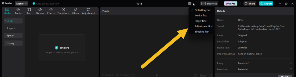 CapCut Layout Options