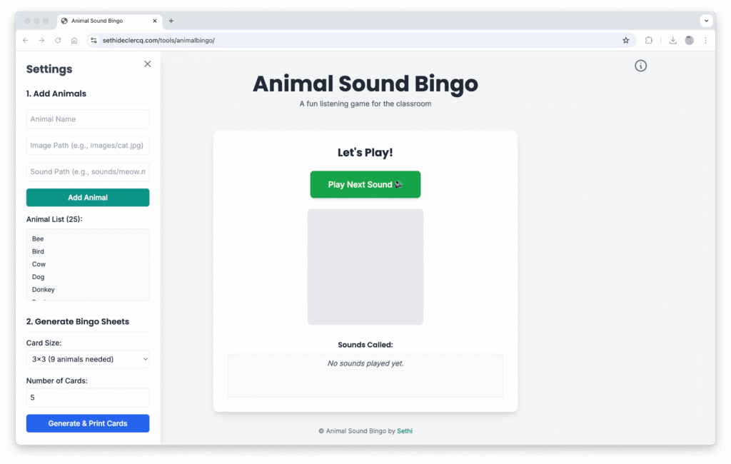 Animal Sound Bingo Generator